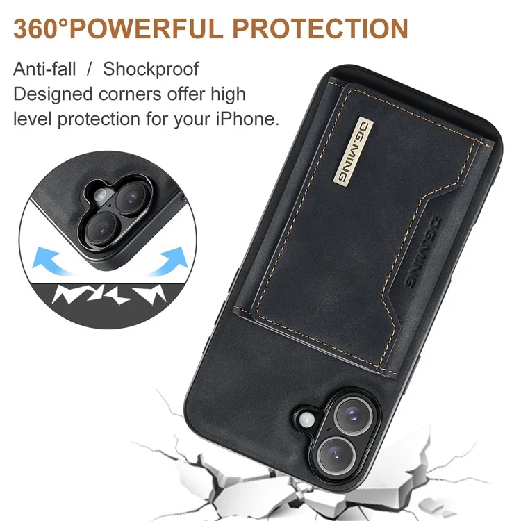 DG.MING M2 Series per iPhone 16 Plus Case PU+PC+TPU Cover Telefonica Portafoglio Removibile - Nero