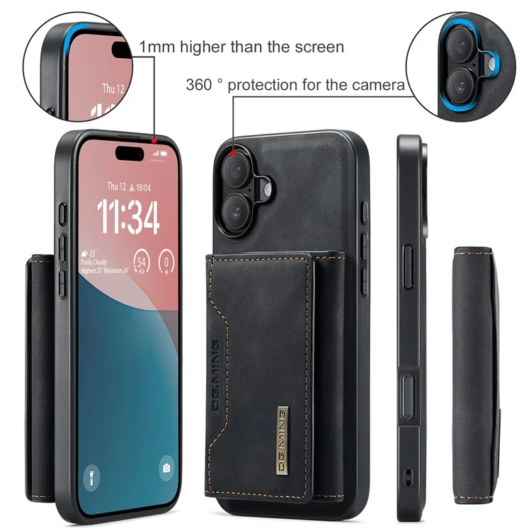 DG.MING M2 Series per iPhone 16 Plus Case PU+PC+TPU Cover Telefonica Portafoglio Removibile - Nero