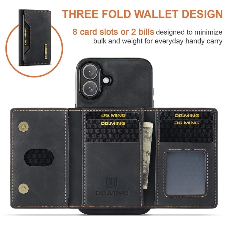 DG.MING M2 Series per iPhone 16 Plus Case PU+PC+TPU Cover Telefonica Portafoglio Removibile - Nero