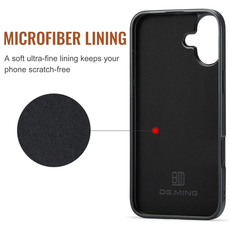 DG.MING M2 Series per iPhone 16 Plus Case PU+PC+TPU Cover Telefonica Portafoglio Removibile - Nero