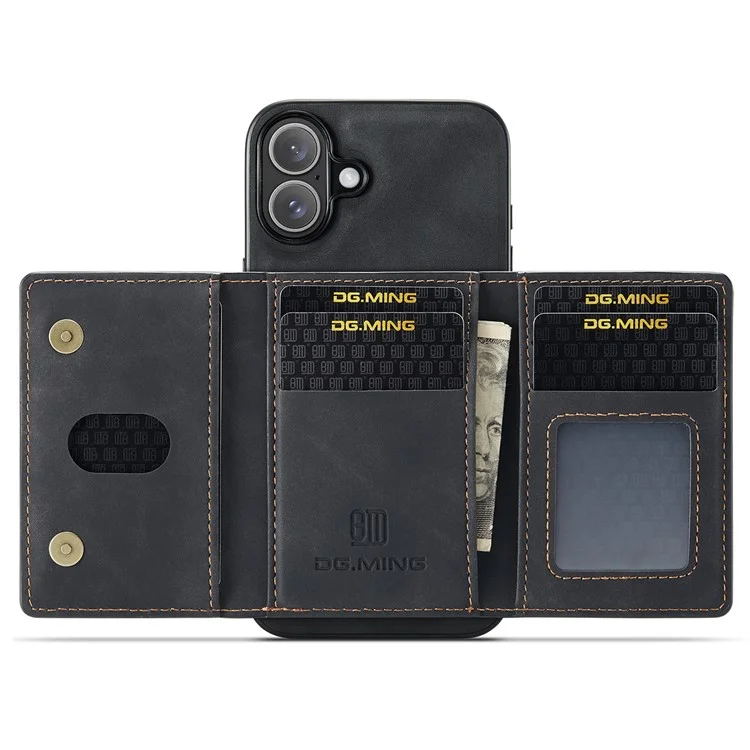 DG.MING M2 Series per iPhone 16 Plus Case PU+PC+TPU Cover Telefonica Portafoglio Removibile - Nero