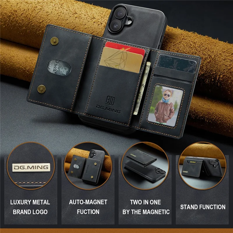 DG.MING M2 Series per iPhone 16 Plus Case PU+PC+TPU Cover Telefonica Portafoglio Removibile - Nero