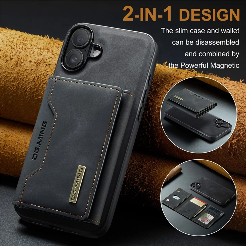 DG.MING M2 Series per iPhone 16 Plus Case PU+PC+TPU Cover Telefonica Portafoglio Removibile - Nero