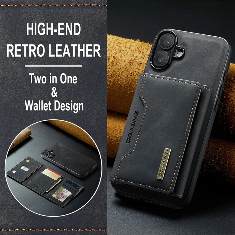 DG.MING M2 Series per iPhone 16 Plus Case PU+PC+TPU Cover Telefonica Portafoglio Removibile - Nero