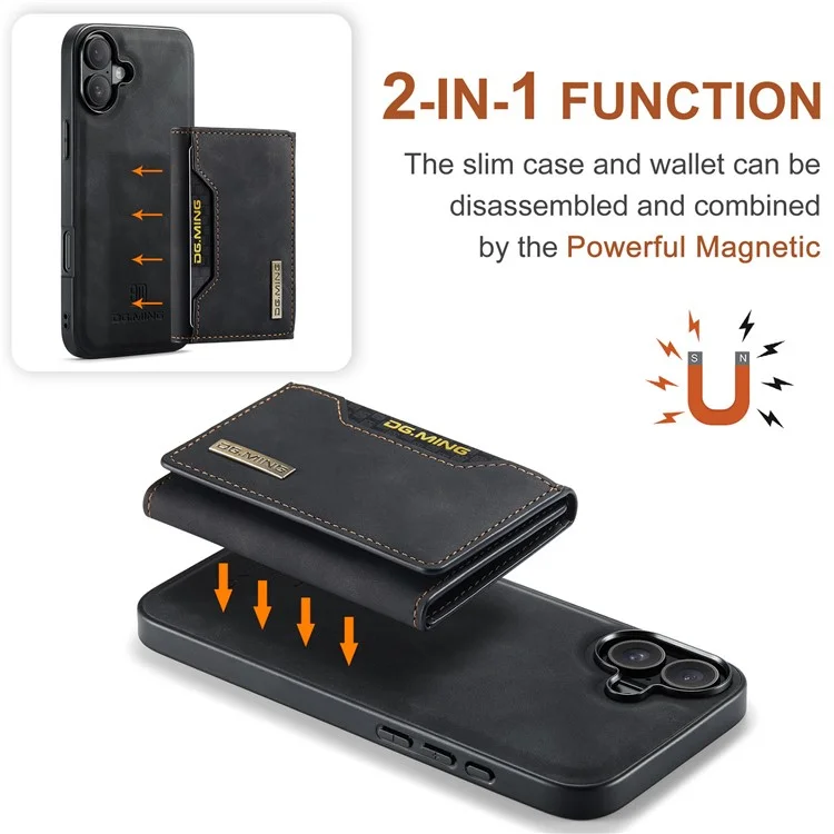 DG.MING M2 Series per iPhone 16 Plus Case PU+PC+TPU Cover Telefonica Portafoglio Removibile - Nero