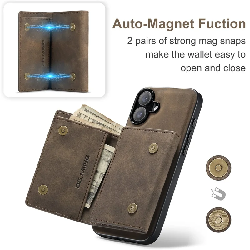 Текущий. Серия Ming M1 Для Iphone 16 Case Case Stand pu Phone Cope с Съемным Кошельком - Кофе