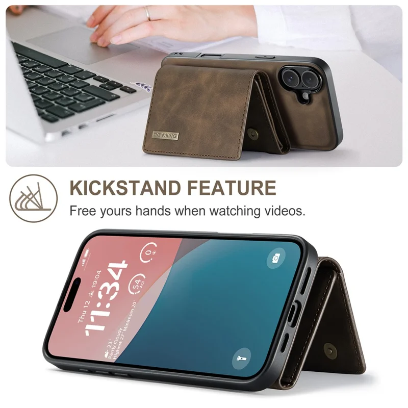 Текущий. Серия Ming M1 Для Iphone 16 Case Case Stand pu Phone Cope с Съемным Кошельком - Кофе
