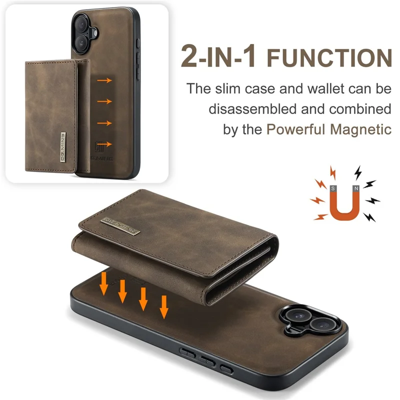 Текущий. Серия Ming M1 Для Iphone 16 Case Case Stand pu Phone Cope с Съемным Кошельком - Кофе