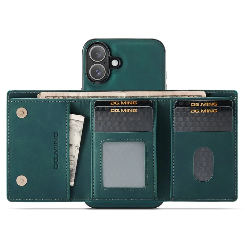 Dg. Ming M1 -serie Für Iphone 16 Plus Case Kickstand PU -telefonabdeckung Mit Abnehmbarer Brieftasche - Grün