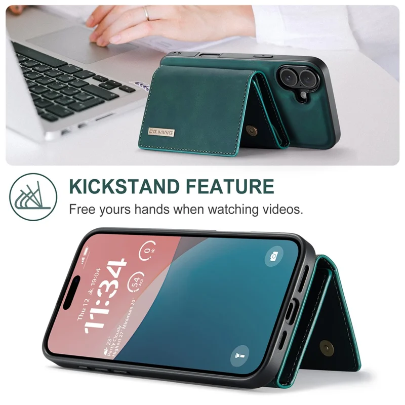 Dg. Ming M1 -serie Für Iphone 16 Plus Case Kickstand PU -telefonabdeckung Mit Abnehmbarer Brieftasche - Grün