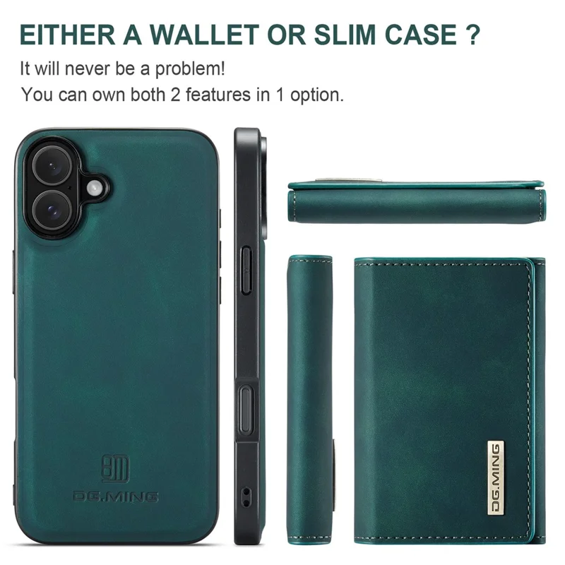 Dg. Ming M1 -serie Für Iphone 16 Plus Case Kickstand PU -telefonabdeckung Mit Abnehmbarer Brieftasche - Grün