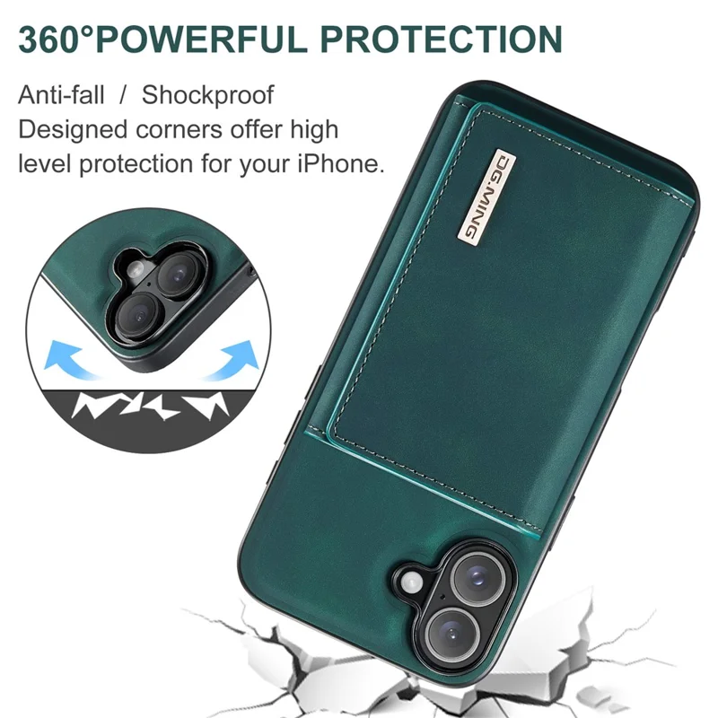 Dg. Ming M1 -serie Für Iphone 16 Plus Case Kickstand PU -telefonabdeckung Mit Abnehmbarer Brieftasche - Grün
