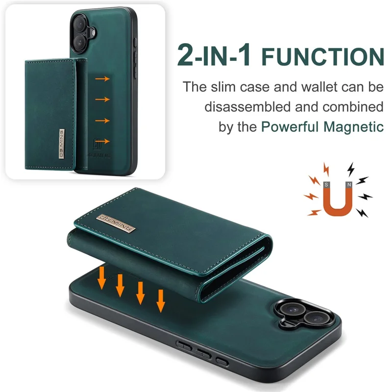 Dg. Ming M1 -serie Für Iphone 16 Plus Case Kickstand PU -telefonabdeckung Mit Abnehmbarer Brieftasche - Grün