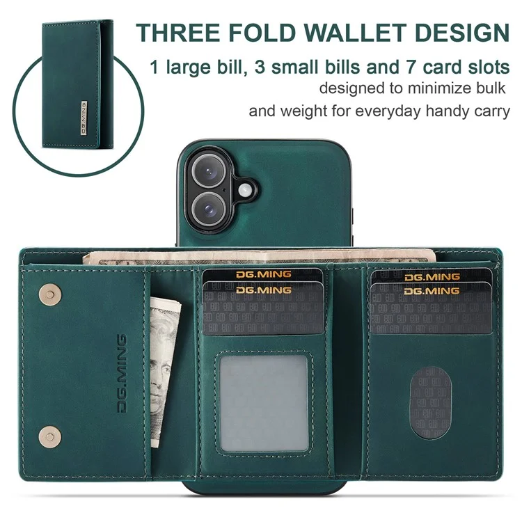 Dg. Ming M1 -serie Für Iphone 16 Plus Case Kickstand PU -telefonabdeckung Mit Abnehmbarer Brieftasche - Grün