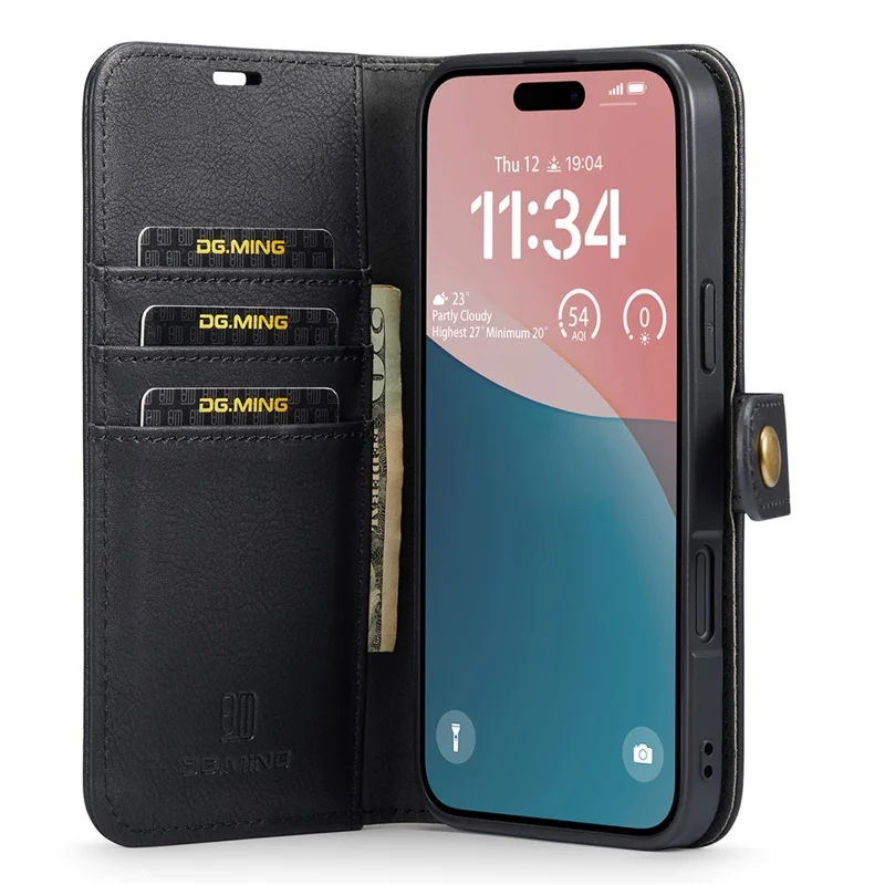 DG.MING for iPhone 16 Plus Case Detachable Split Leather Phone Cover - Black