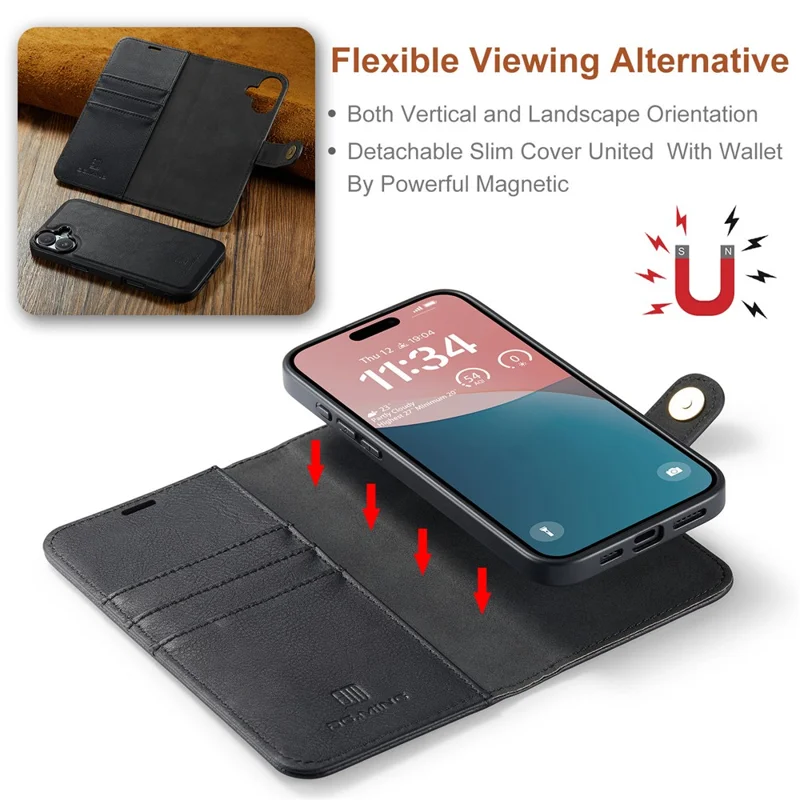 DG.MING for iPhone 16 Plus Case Detachable Split Leather Phone Cover - Black