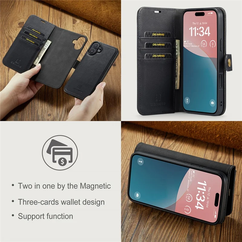 DG.MING for iPhone 16 Plus Case Detachable Split Leather Phone Cover - Black