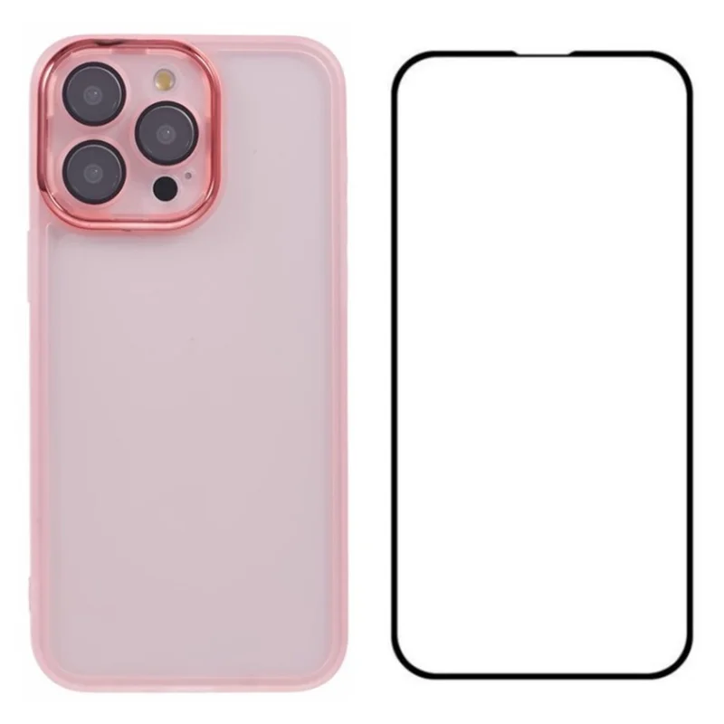 Série Wanlonfeng DKSM Para Iphone 14 Pro TPU Case Tampa de Moldura Eletroplatada Com Vidro Temperado - Rosa Transparente