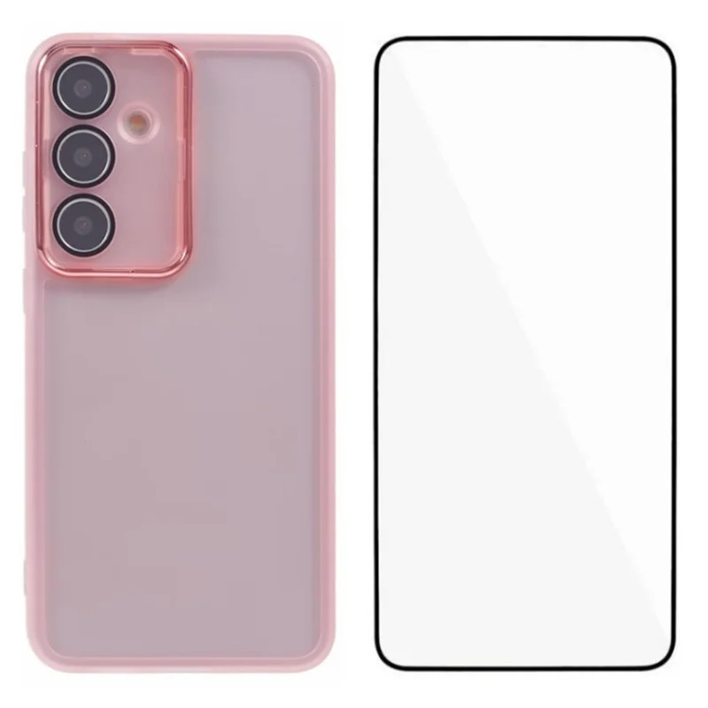 WANLONFENG DKSM Series for Samsung Galaxy A25 5G (Global) TPU Case Electroplated Frame Phone Cover with Tempered Glass - Transparent Pink