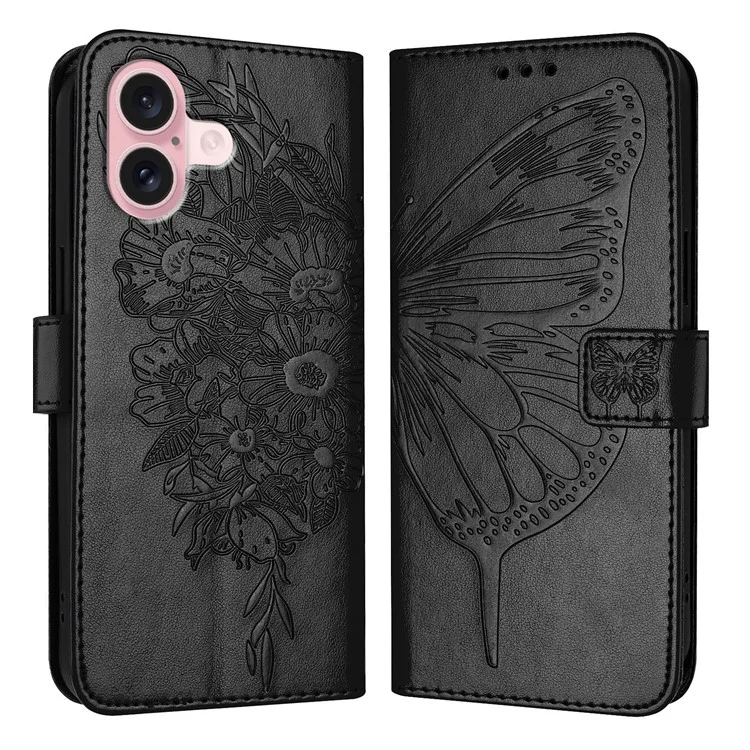 YB Imprinting Series-4 Para iPhone 16 Funda Mariposa Flor Flip Cartera Cubierta de Teléfono de Cuero - Negro