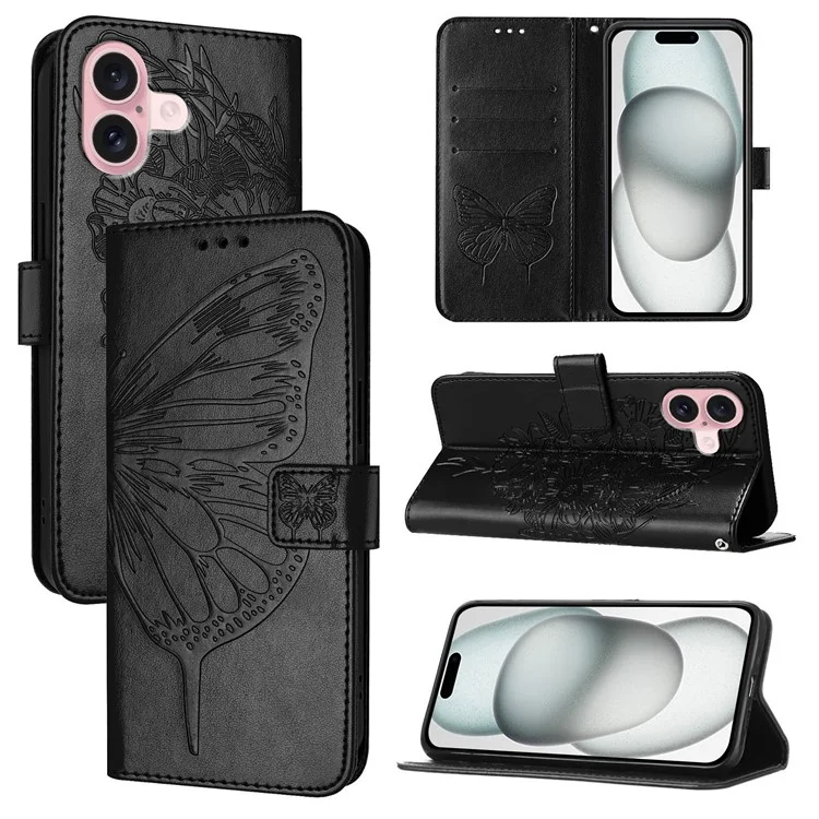 YB Imprinting Series-4 Para iPhone 16 Funda Mariposa Flor Flip Cartera Cubierta de Teléfono de Cuero - Negro