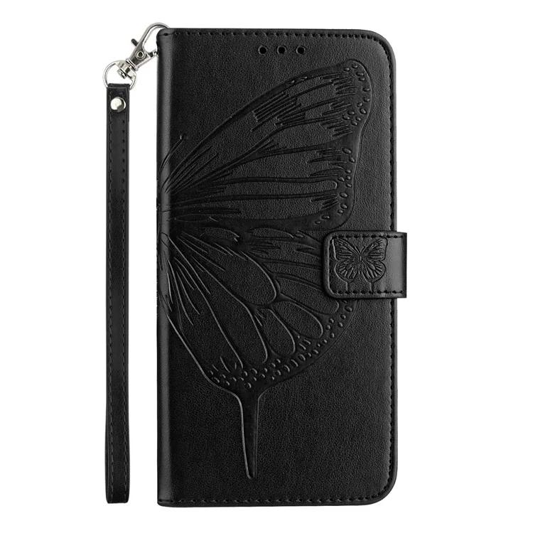 YB Imprinting Series-4 Para iPhone 16 Funda Mariposa Flor Flip Cartera Cubierta de Teléfono de Cuero - Negro