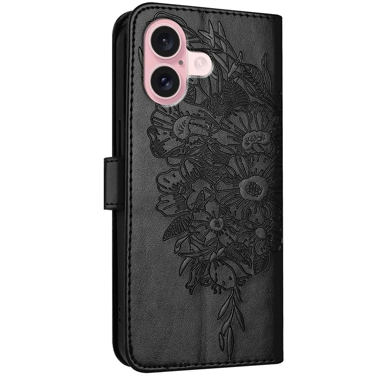 YB Imprinting Series-4 Para iPhone 16 Funda Mariposa Flor Flip Cartera Cubierta de Teléfono de Cuero - Negro