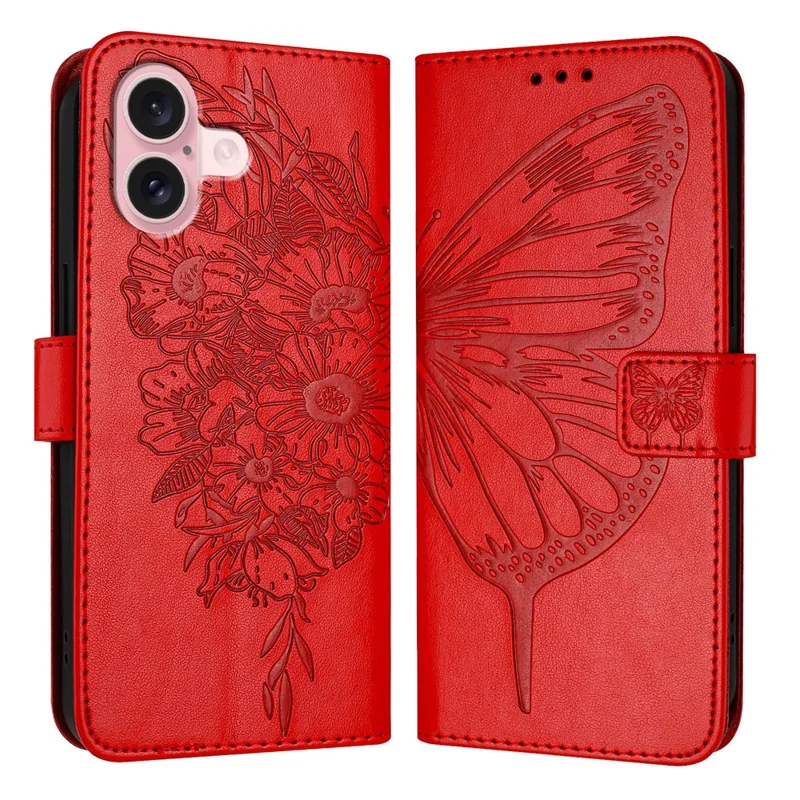 For iPhone 16 Wallet Case with Wrist Strap Butterfly Imprint Leather Phone Cover - Red