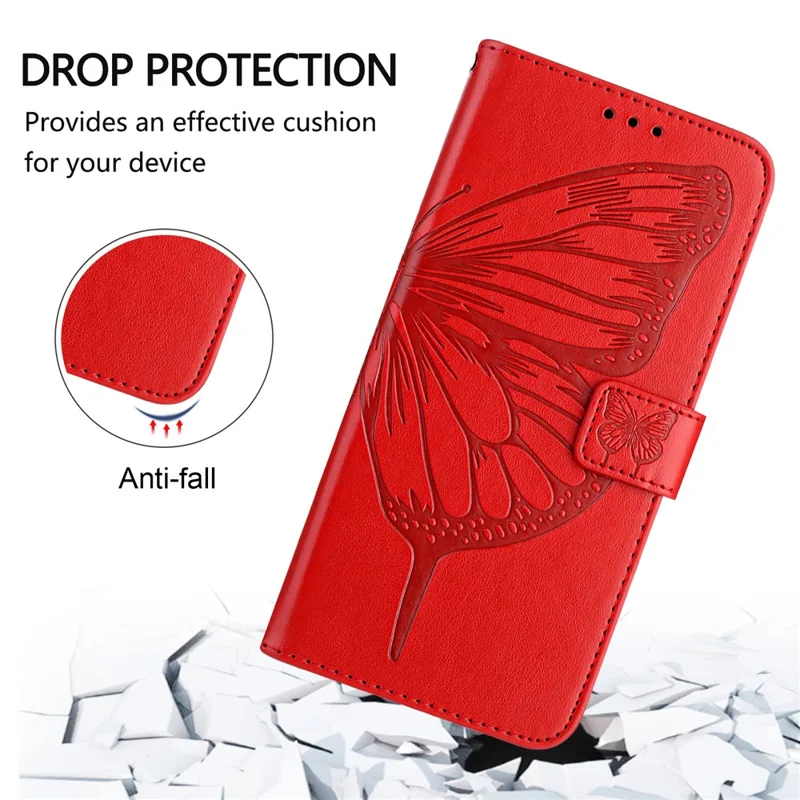 For iPhone 16 Wallet Case with Wrist Strap Butterfly Imprint Leather Phone Cover - Red