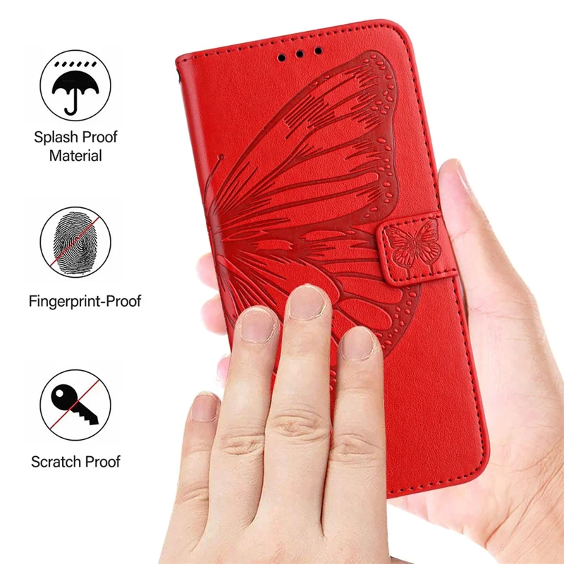 For iPhone 16 Wallet Case with Wrist Strap Butterfly Imprint Leather Phone Cover - Red