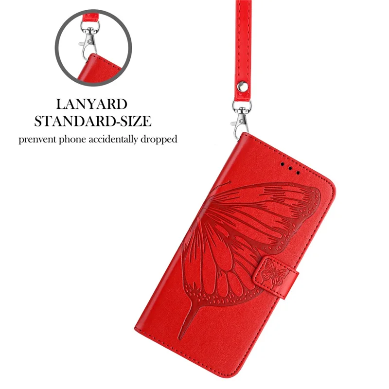 For iPhone 16 Wallet Case with Wrist Strap Butterfly Imprint Leather Phone Cover - Red
