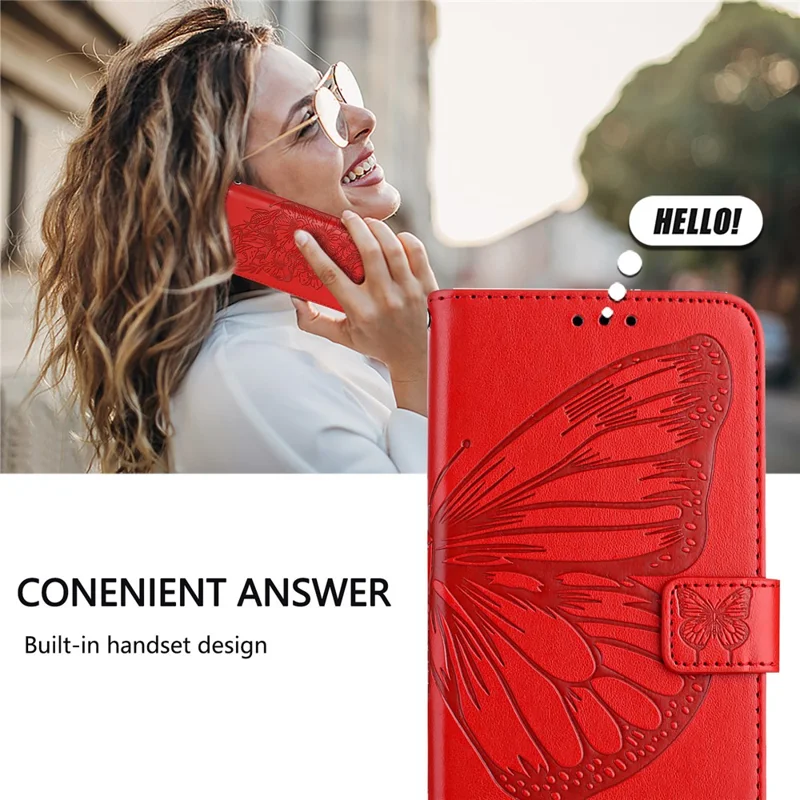 For iPhone 16 Wallet Case with Wrist Strap Butterfly Imprint Leather Phone Cover - Red