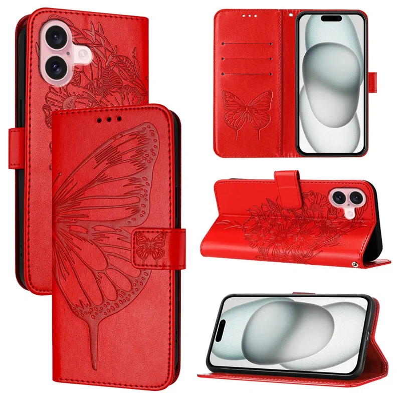 For iPhone 16 Wallet Case with Wrist Strap Butterfly Imprint Leather Phone Cover - Red