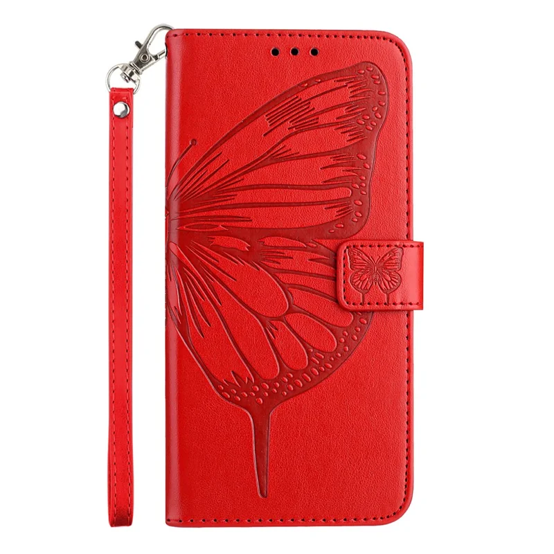 For iPhone 16 Wallet Case with Wrist Strap Butterfly Imprint Leather Phone Cover - Red
