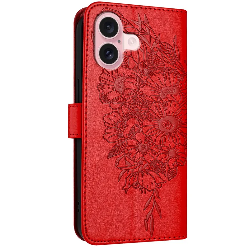 For iPhone 16 Wallet Case with Wrist Strap Butterfly Imprint Leather Phone Cover - Red