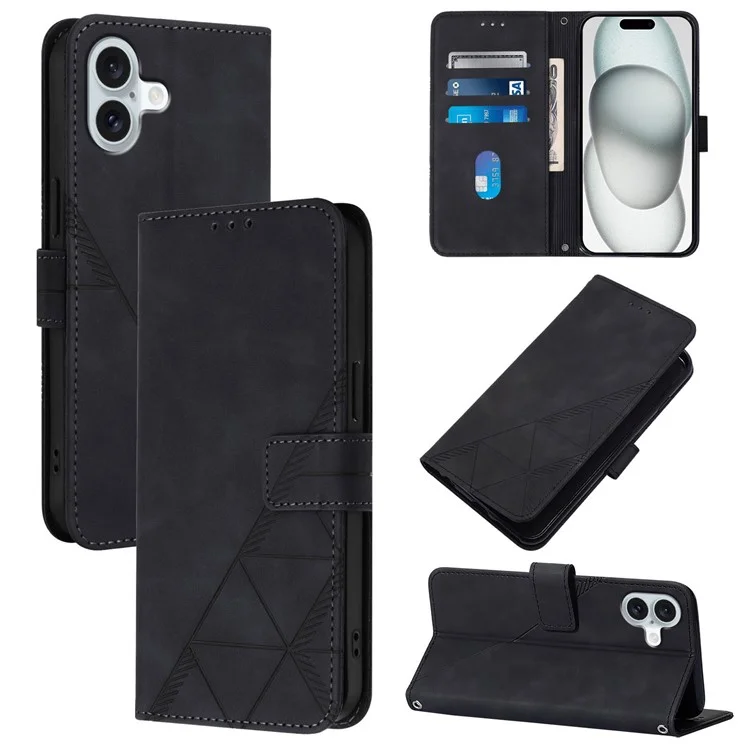 For iPhone 16 Leather Case with Hand Strap Wallet Stand Phone Cover - Black
