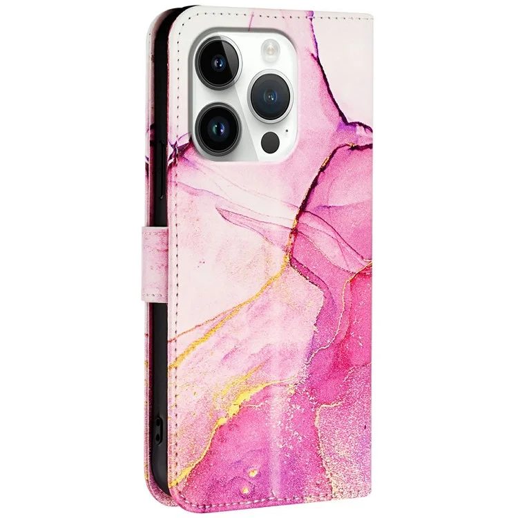 YB Pattern Printing Leather Series-6 Für iPhone 16 Pro Max Case Marble Wallet Crossbody Phone Cover - Pink / Lila / Gold LS001
