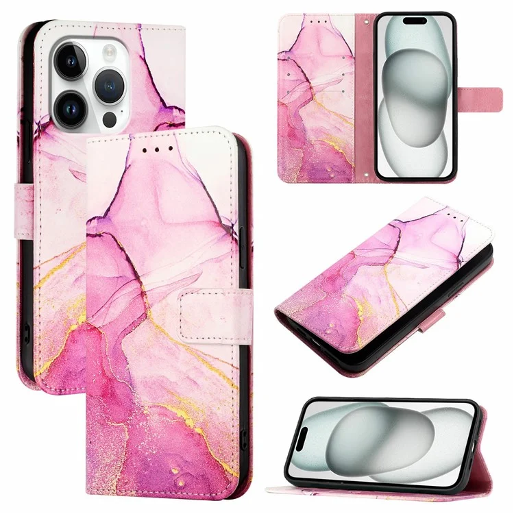 YB Pattern Printing Leather Series-6 Für iPhone 16 Pro Max Case Marble Wallet Crossbody Phone Cover - Pink / Lila / Gold LS001