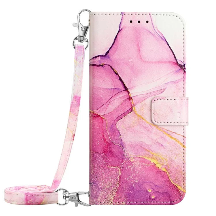 YB Pattern Printing Leather Series-6 Für iPhone 16 Pro Max Case Marble Wallet Crossbody Phone Cover - Pink / Lila / Gold LS001