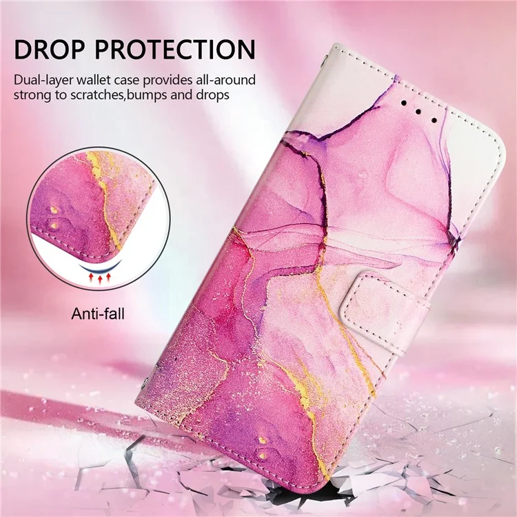 YB Pattern Printing Leather Series-6 Для Iphone 16 Plus Case Marble Wallet Crossbode Phone Cople - Розовый / Фиолетовый / Золото LS001