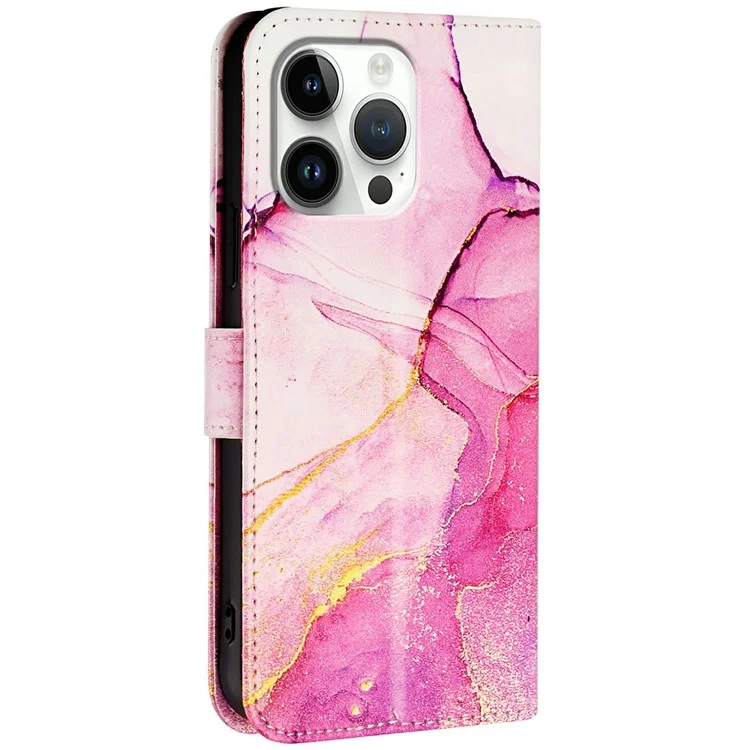 YB Stampa in Pelle Serie 6 Per Iphone 16 Pro Case Marble Wallet Crover Del Telefono Crossbody - Rosa / Viola / Oro LS001