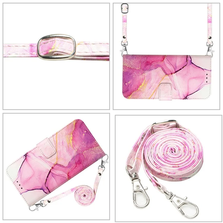 YB Stampa in Pelle Serie 6 Per Iphone 16 Pro Case Marble Wallet Crover Del Telefono Crossbody - Rosa / Viola / Oro LS001