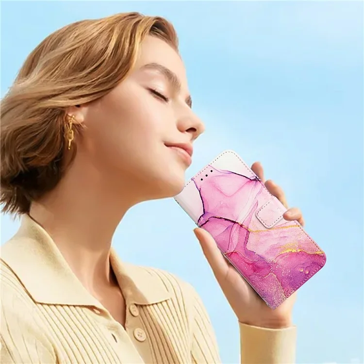 YB Stampa in Pelle Serie 6 Per Iphone 16 Pro Case Marble Wallet Crover Del Telefono Crossbody - Rosa / Viola / Oro LS001