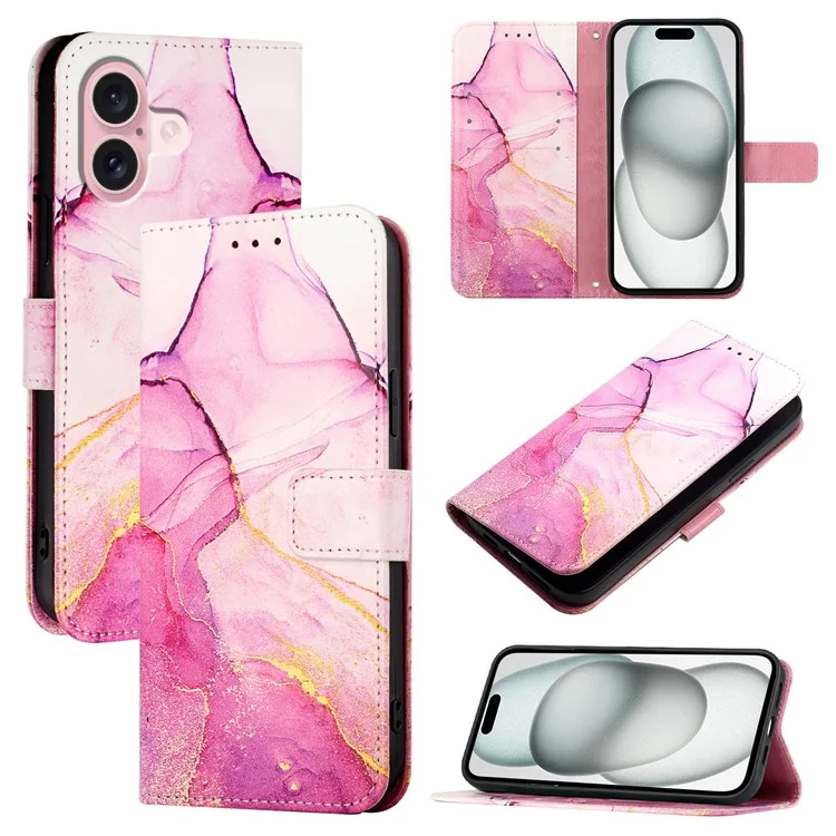 YB Pattern Printing Leather Series-5 Для Iphone 16 Case Case Marble Pattern Coverse Cover Pholle - Розовый / Фиолетовый / Золото LS001