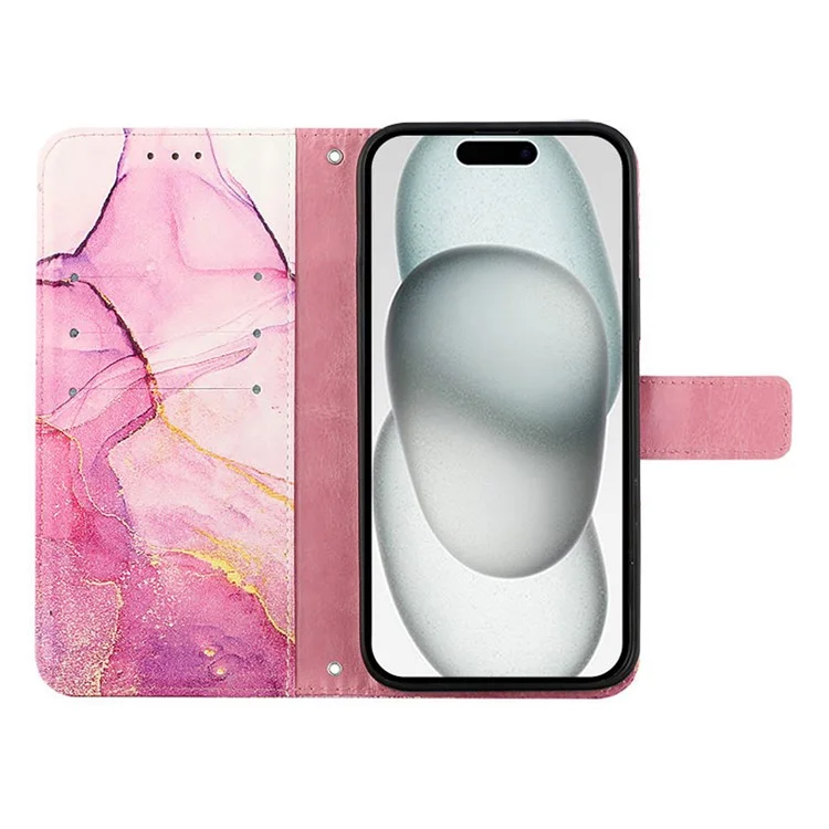 YB Pattern Printing Leather Series-5 Для Iphone 16 Plus Case Marble Pattern Coverse Cover Pholle - Розовый / Фиолетовый / Золото LS001