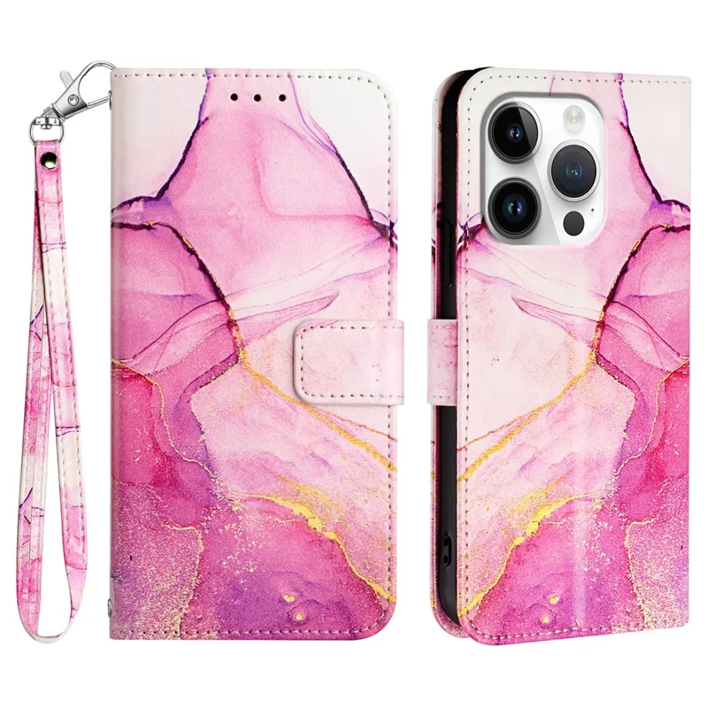 Serie Pattern Printing Leather YB-5 per iPhone 16 Pro Max Case Cover Wallet Phone Marmorizzato - Rosa / Viola / Oro LS001