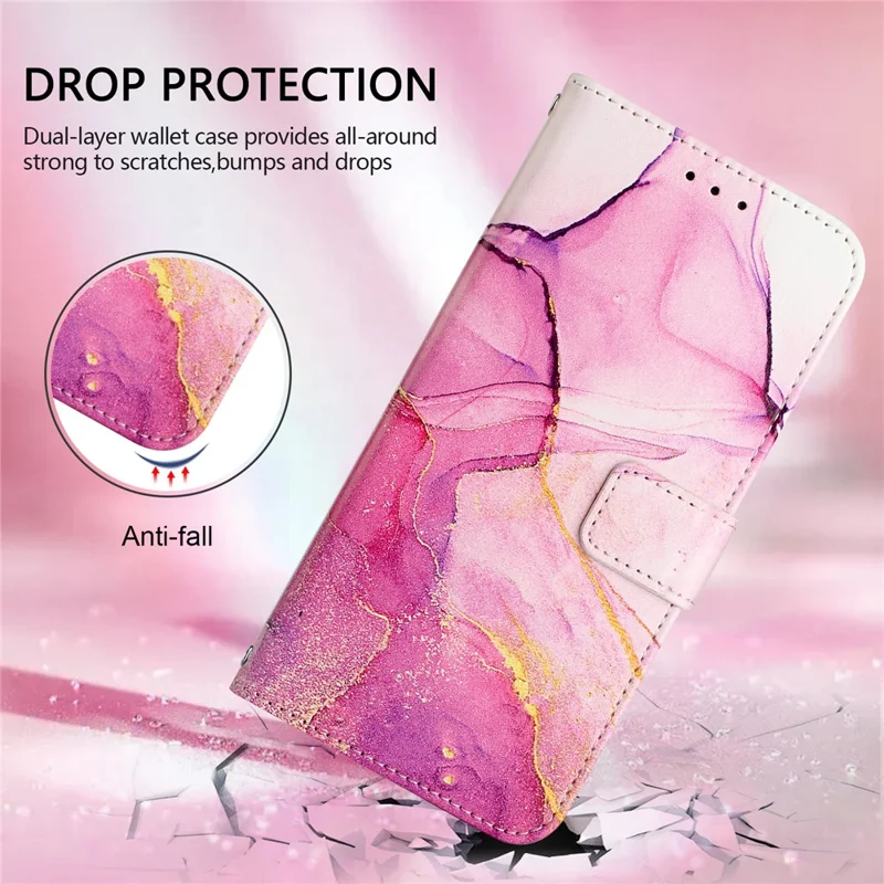 Serie Pattern Printing Leather YB-5 per iPhone 16 Pro Max Case Cover Wallet Phone Marmorizzato - Rosa / Viola / Oro LS001