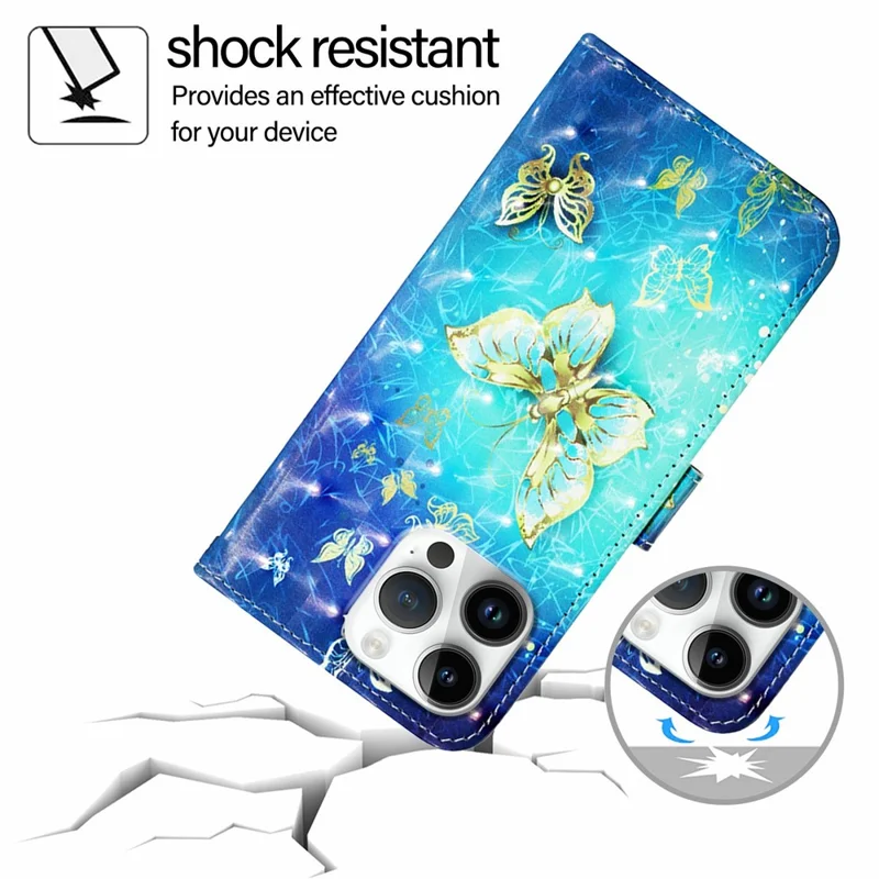 YB Muster Druckleder Serie-2 Für Iphone 16 Pro Max Hülle Stand View Wallet Telefonabdeckung - Goldene Schmetterlinge