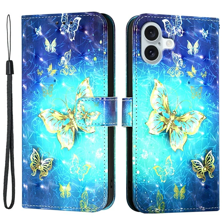 For iPhone 16 Plus Leather Case Pattern Printing Wallet Stand Mobile Cover with Strap - Golden Butterflies