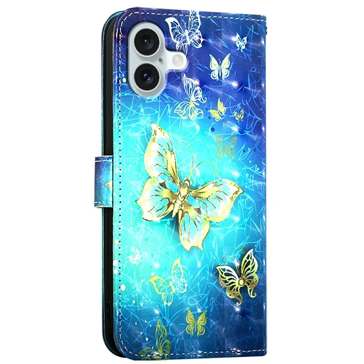 For iPhone 16 Plus Leather Case Pattern Printing Wallet Stand Mobile Cover with Strap - Golden Butterflies